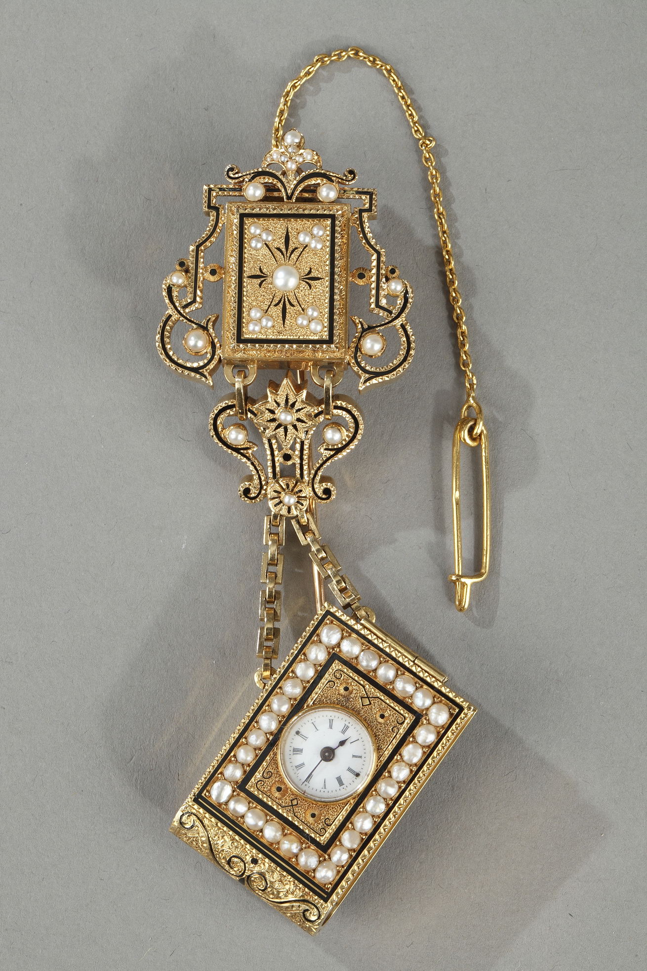 A 19th Century gold and enamel watch with associated chatelaine